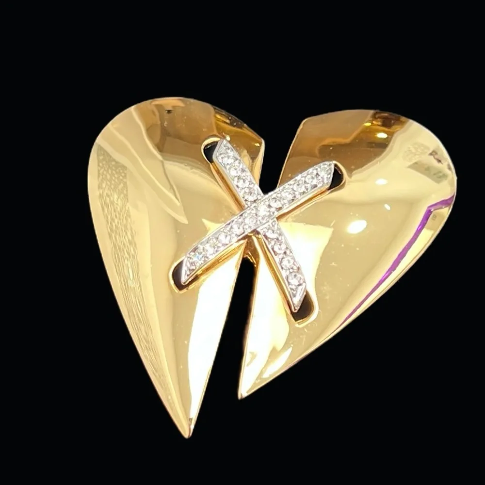 KEYES MENDED BROKEN HEART SHINY GOLD TONE BROOCH